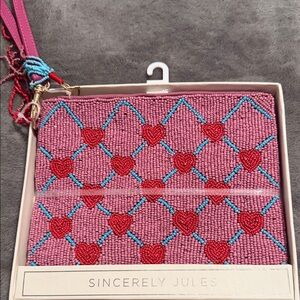 Sincerely Jules Pink Beaded Clutch with Red Hearts